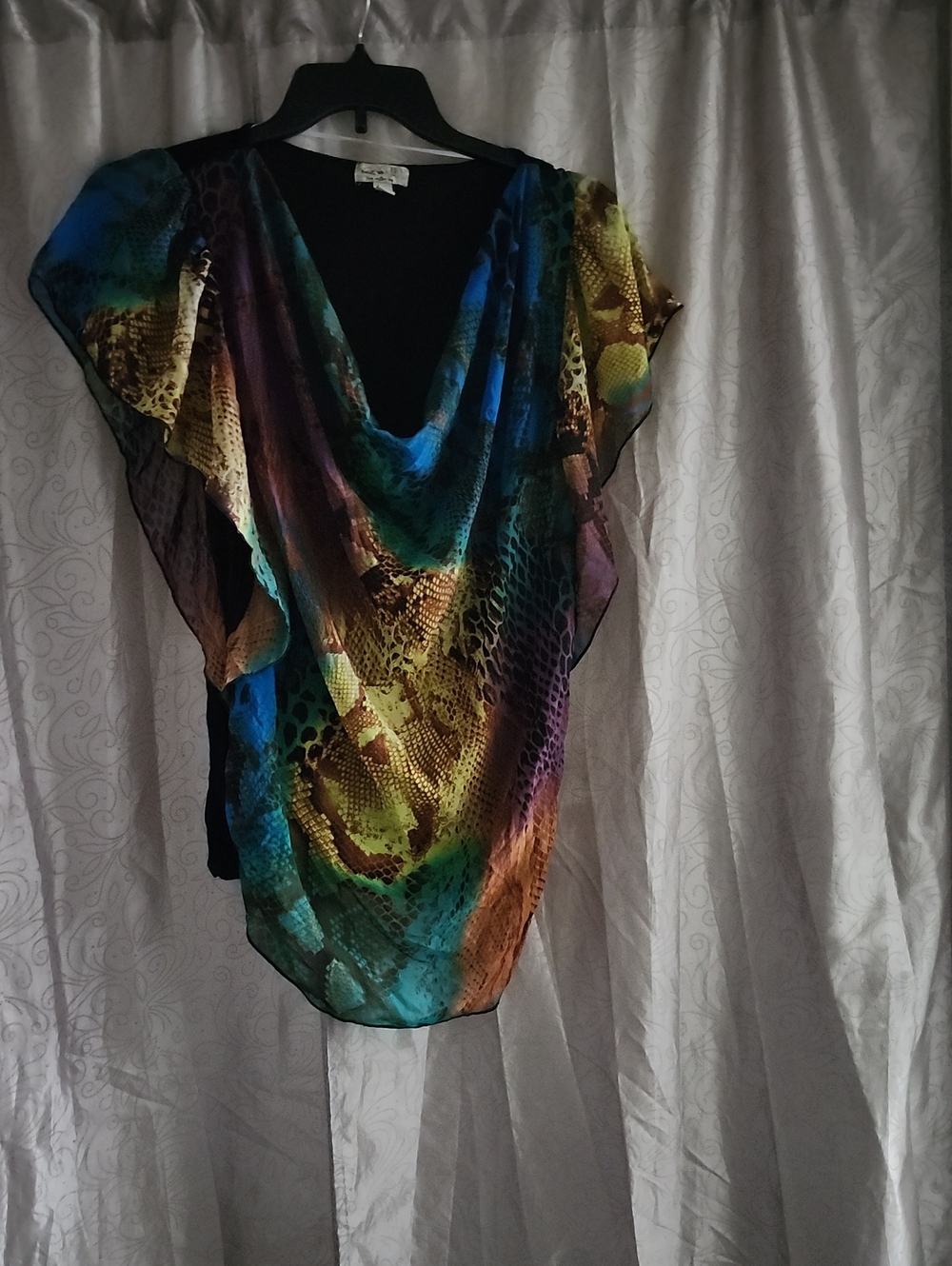 ONE WORLD Multicolor Sheer Draped Animal-Print Blouse
